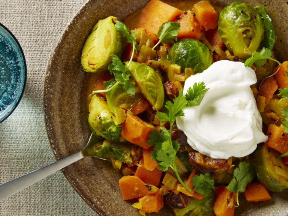 Curried Brussels Sprouts, Chickpeas, and Sweet Potatoes