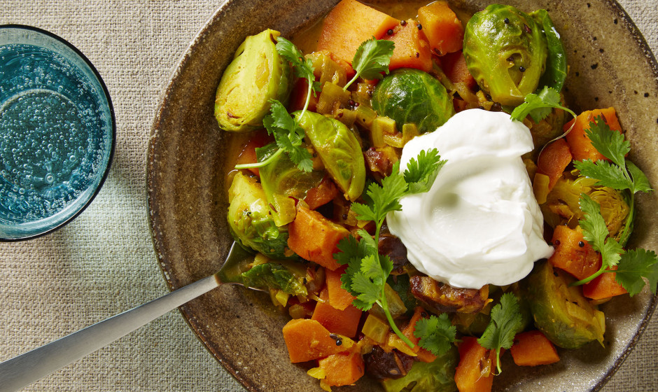 Curried Brussels Sprouts, Chickpeas, and Sweet Potatoes